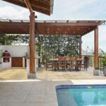Outdoor kitchen and pool view