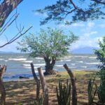 Lakefront Property with Commercial Potential with fenced shoreline, tree by the water, and distant mountains.