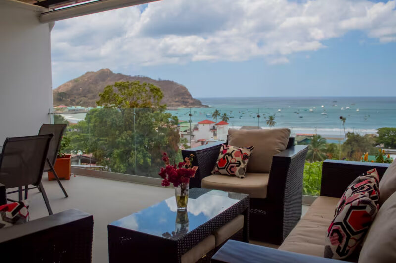Covered ocean-view patio at this oceanview rental-ready condo