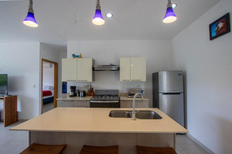 Modern kitchen with island, quartz counters, and stainless appliances