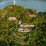 Evening aerial of the Pacific Marlin Estate above the bay