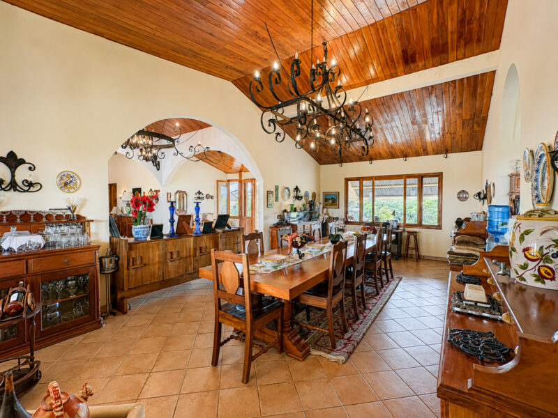 Open dining and living hall under a timber ceiling