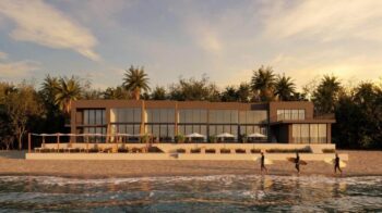 The Playa Remanso Beachfront Lofts at dusk, seen from the sand