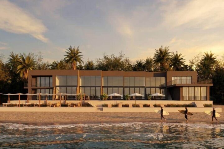 The Playa Remanso Beachfront Lofts at dusk, seen from the sand