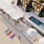 Aerial view of the pool and oceanfront lounge deck