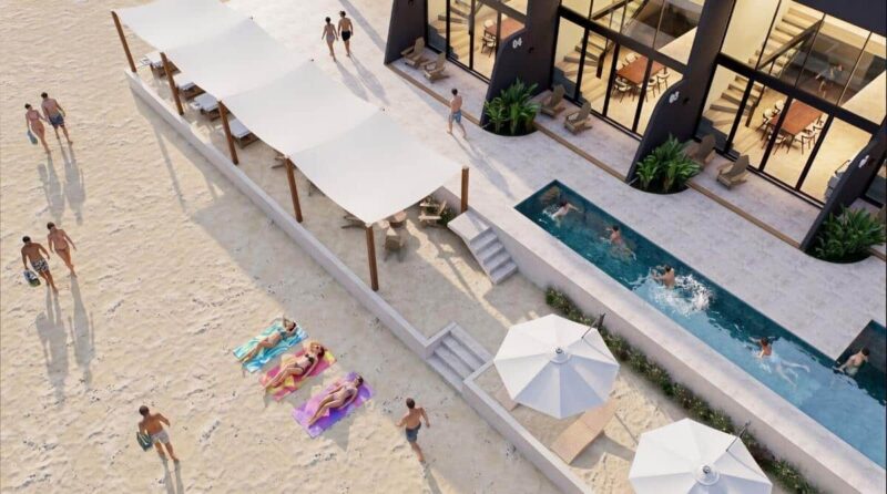 Aerial view of the pool and oceanfront lounge deck