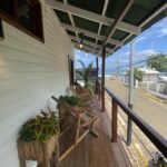 Covered balcony with a view over town