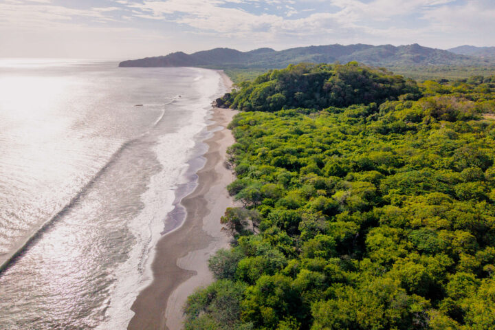 28 acre Pacific beachfront development parcel — aerial over the beach and forested point