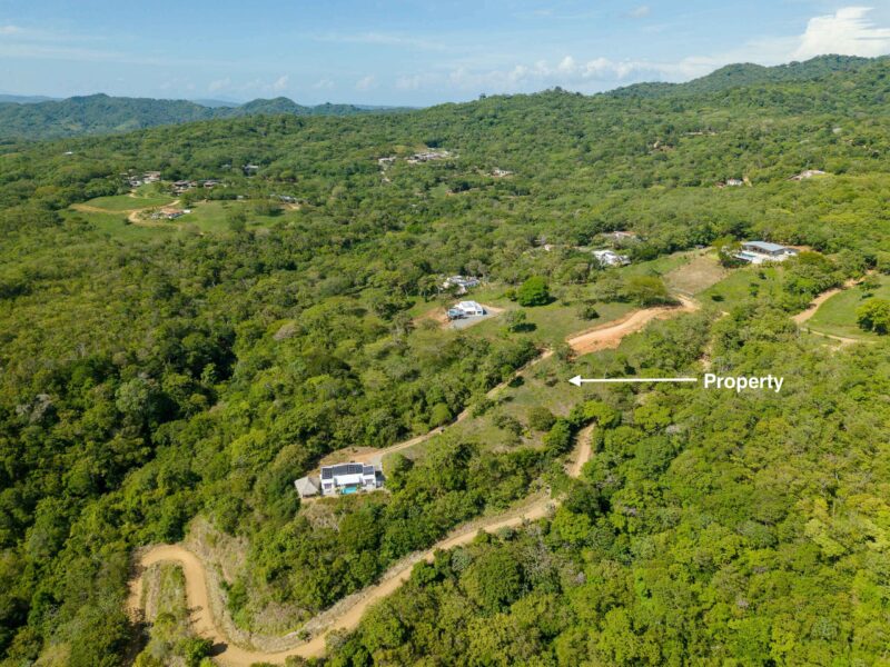 Aerial of the lot and surrounding homes, looking inland