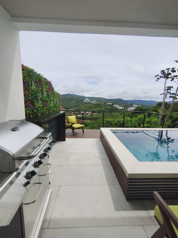 Gas grill on the deck with the pool and hillside view